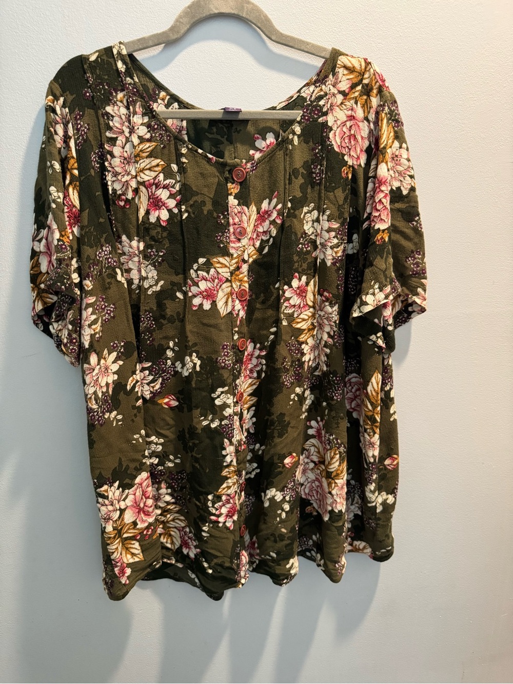 Romans women’s plus size Floral Short Sleeve Tunic Top - Olive Green 24W